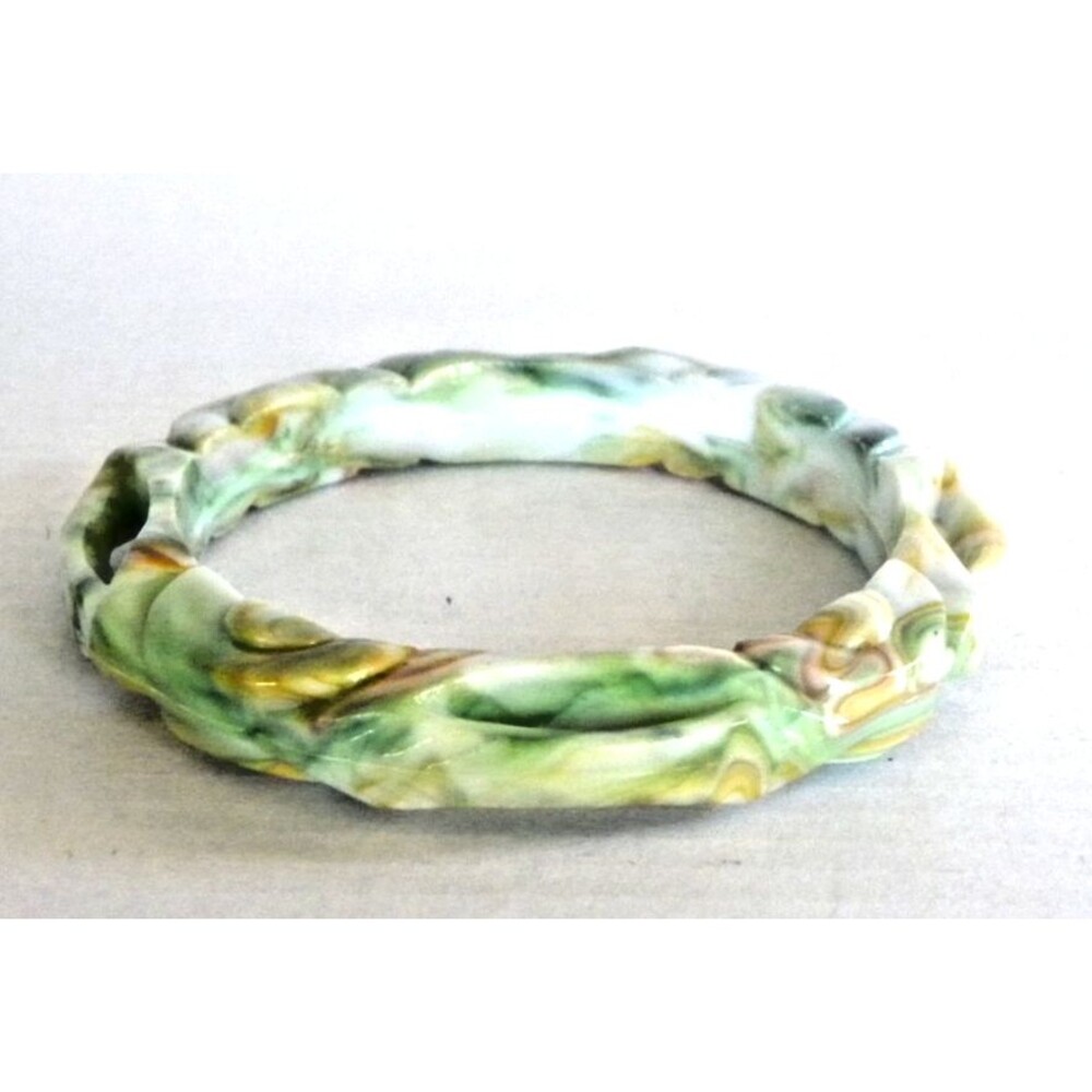 Vintage Bangle Bracelet Plastic Marble Look Green White Carved Design Hong Kong